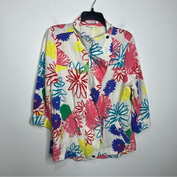 Erin London linen blend full zip jacket 3/4 sleeves multicolored floral size L - Picture 1 of 9